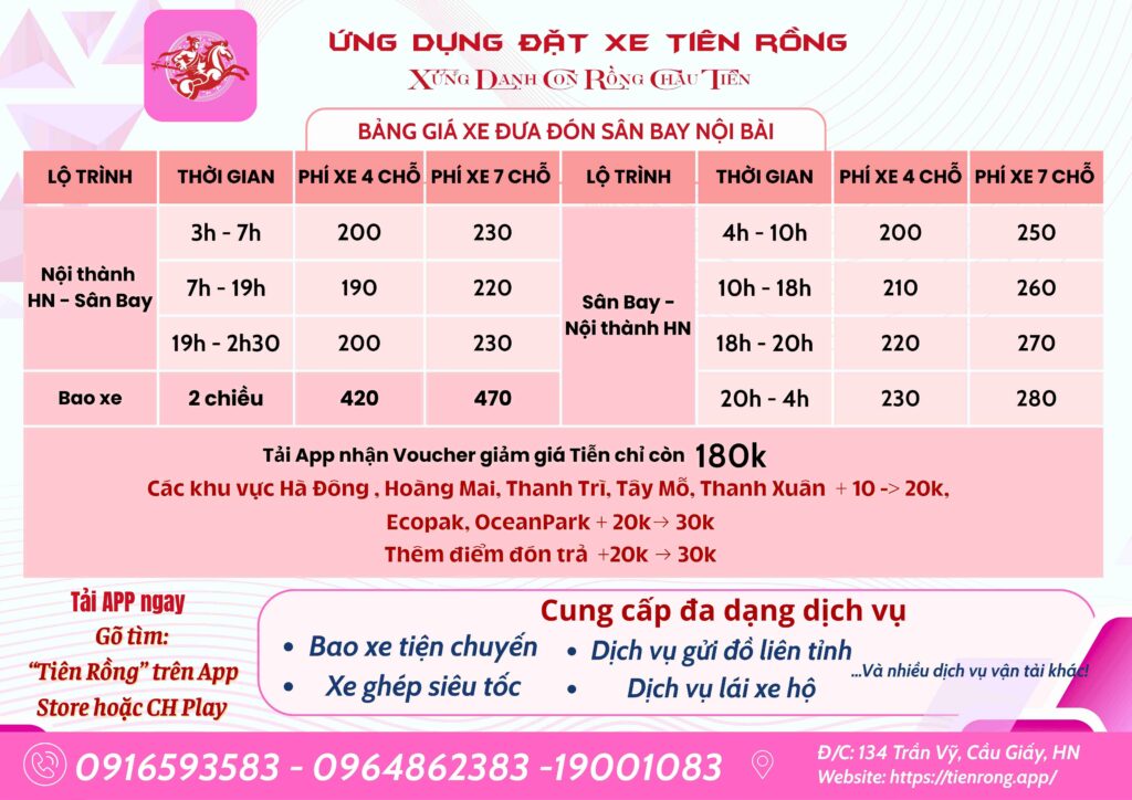 Bảng giá dịch vụ xe sân bay Nội Bài
